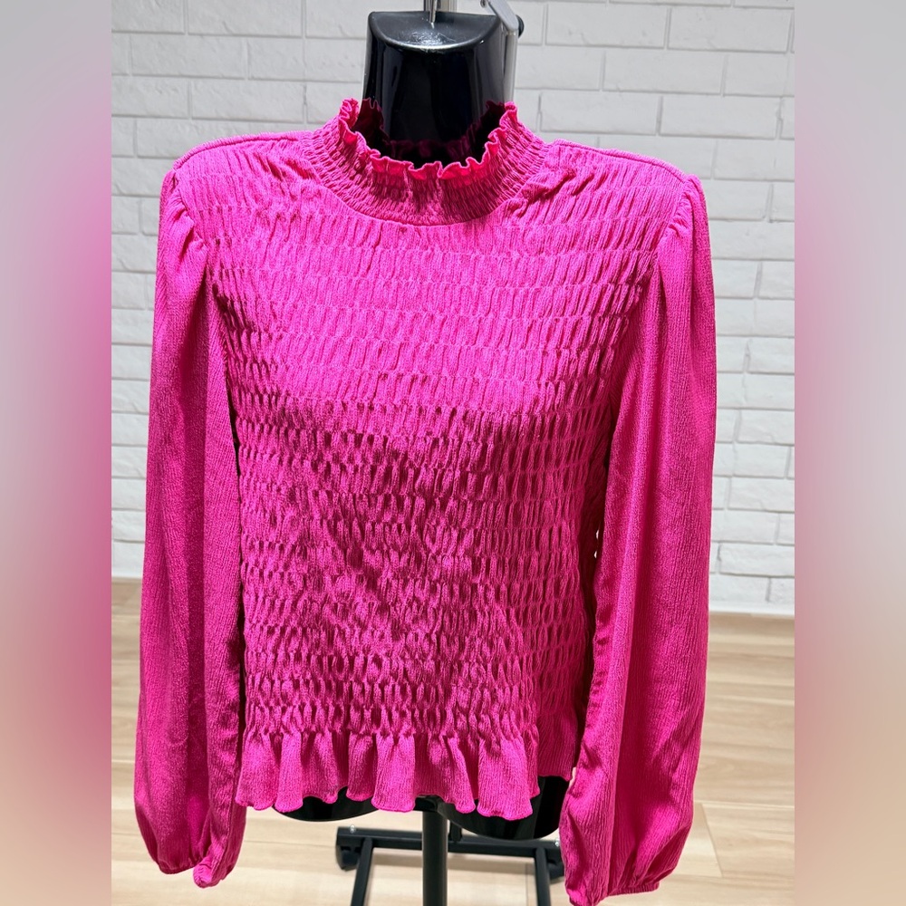Sanctuary Hot Pink Smocked Long Sleeve Ruffle Neck Top